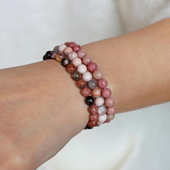 3 PCS 6mm Pink Zebra Jasper Natural Stone Beaded Stretch Bracelet for Gifts - Picture 4 of 6